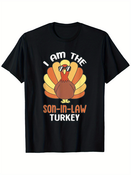 Men's Graphic T-Shirt I Am The Son In Law With Colorful Feathers Thanksgiving Cartoon Turkey