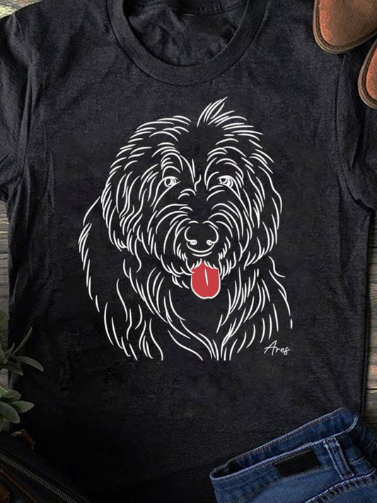 Men's Graphic T-Shirt Sketch White Lines With Tongue Out Fluffy Dog