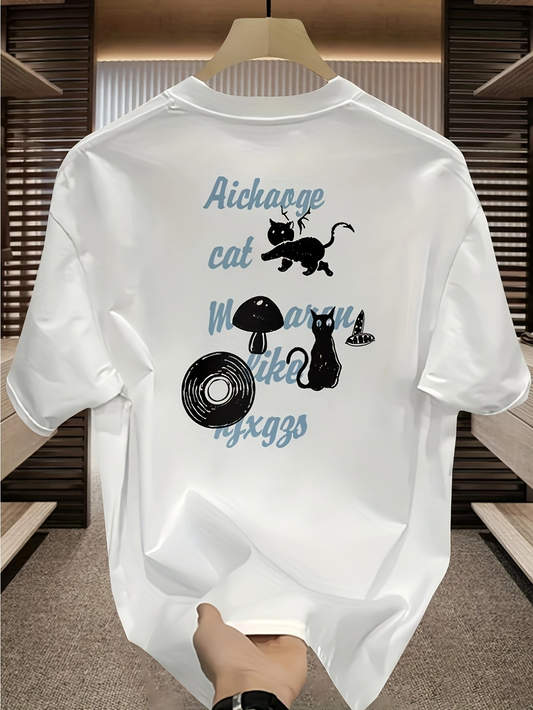Men's Graphic T-Shirt Playful Mushrooms Retro Record With Black Curious Cat