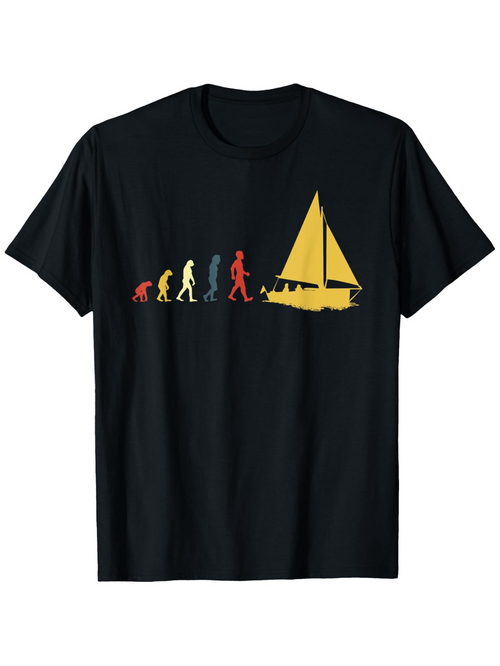 Men's Graphic T-Shirt Evolution Silhouettes With Colorful Walking Figures Leading To A Bright Yellow Sailboat