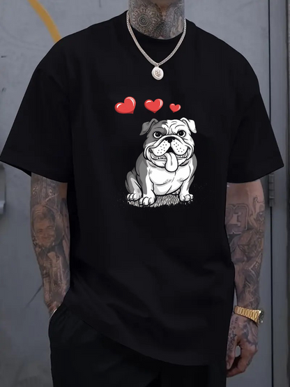 Men's Graphic T-Shirt Playful Bulldog With Cartoon Hearts On Black Shirt