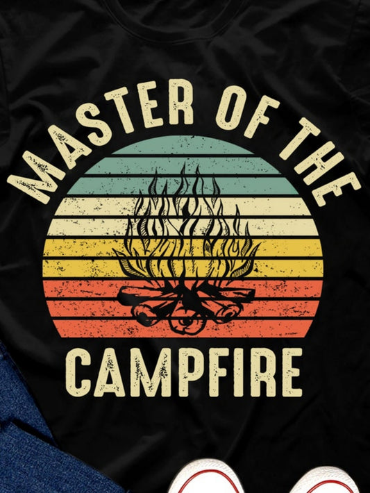Men's Graphic T-Shirt Master Of The Campfire Vintage Sunset With Cracked Colorful Stripes And Burning Firewood Campfire