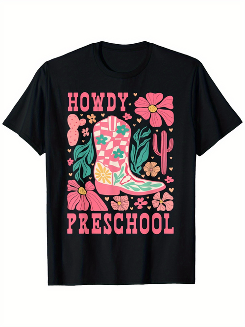Men's Graphic T-Shirt Howdy Preschool Western Floral Nature Boot Surrounded By Pink Flowers
