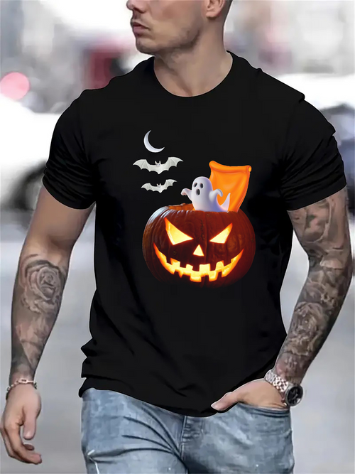 Men's Graphic T-Shirt Glowing Pumpkin With Ghost And Flying Bats Under Crescent Moon