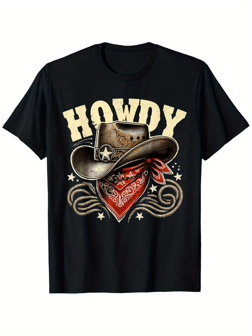 Men's Graphic T-Shirt Howdy Bold Western Letters With Cowboy Hat Bandana Pattern Star