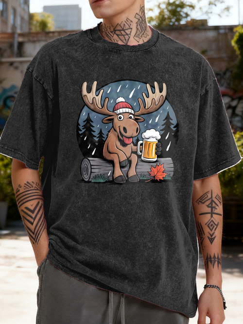 Men's Graphic T-Shirt Cartoon Moose With Beer Mug Sitting On Log Under Raindrops Forest
