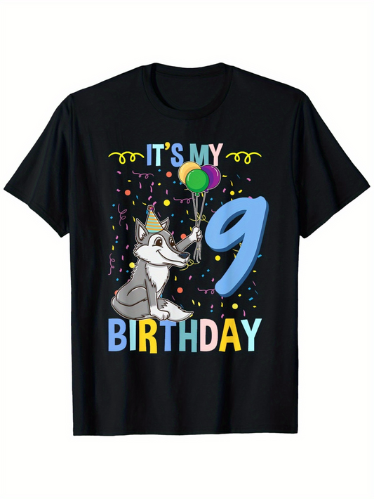 Men's Graphic T-Shirt Its My Birthday Colorful Balloons Confetti And Happy Cartoon Wolf