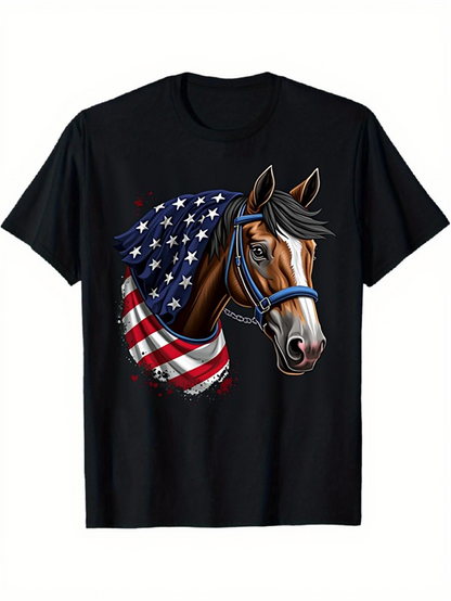 Men's Graphic T-Shirt Patriotic Horse With Flowing American Flag Around Majestic Animal Head