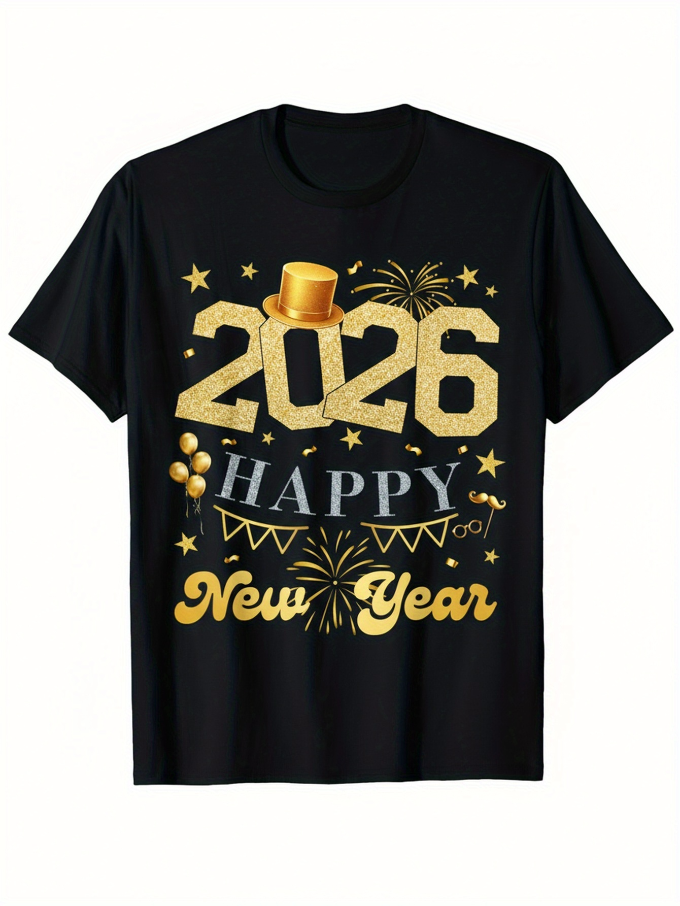 Men's Graphic T-Shirt Happy 2026 Golden Hat With Shining Fireworks And Festive Celebration New Year
