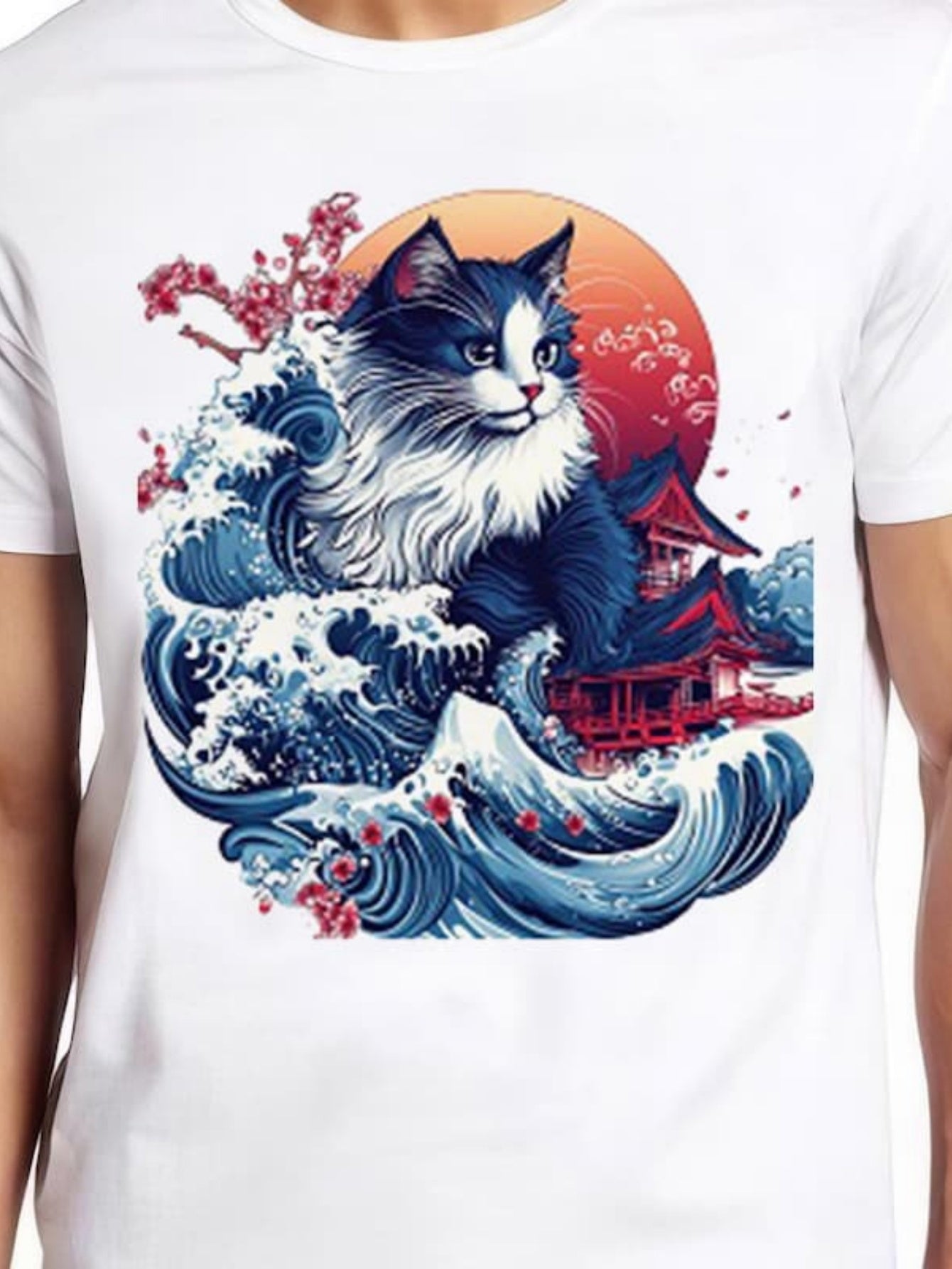 Men's Graphic T-Shirt Cherry Blossoms Sunset Waves With Majestic Cat And Oriental Temple