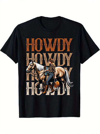 Men's Graphic T-Shirt Howdy Retro Lettering With Cowboy Leading Palomino Horse