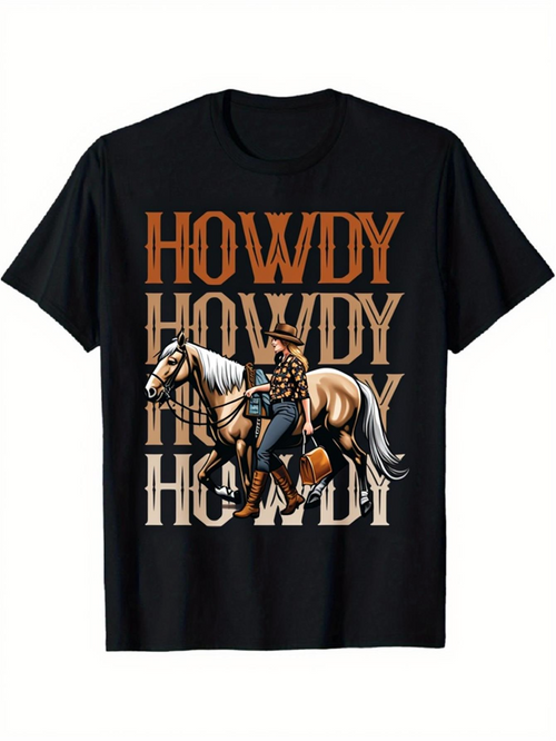 Men's Graphic T-Shirt Howdy Retro Lettering With Cowboy Leading Palomino Horse