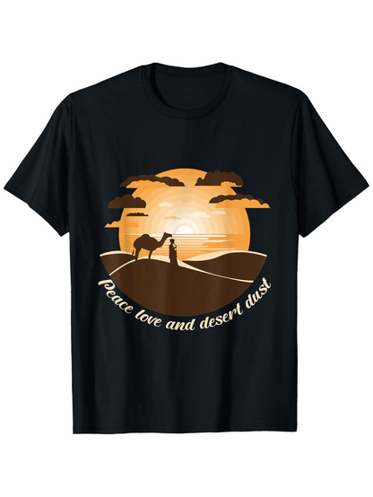 Men's Graphic T-Shirt Peace Love And Glowing Sunset Silhouettes With Desert Camel Scene