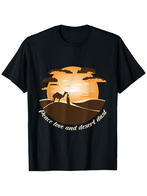 Men's Graphic T-Shirt Peace Love And Glowing Sunset Silhouettes With Desert Camel Scene