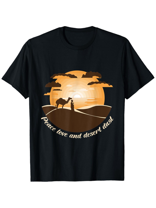 Men's Graphic T-Shirt Peace Love And Glowing Sunset Silhouettes With Desert Camel Scene