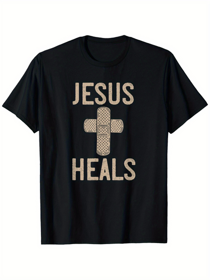 Men's Graphic T-Shirt Jesus Heals With Two Bandages Forming A Central Cross