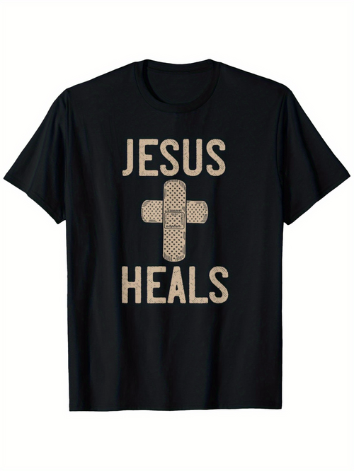Men's Graphic T-Shirt Jesus Heals With Two Bandages Forming A Central Cross
