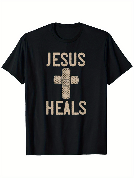 Men's Graphic T-Shirt Jesus Heals With Two Bandages Forming A Central Cross