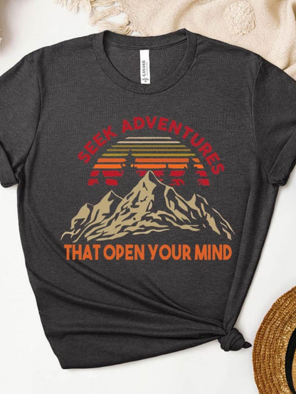 Men's Graphic T-Shirt Seek Adventures With Retro Sunset Over Mountain Range