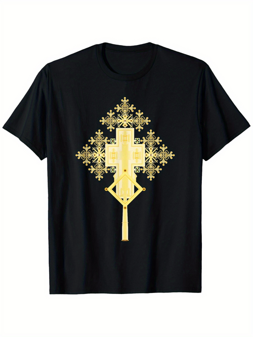 Men's Graphic T-Shirt Geometric Gold Motif With Ornate Cross And Intricate Symmetrical Pattern Centerpiece