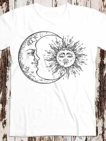 Men's Graphic T-Shirt Vintage Celestial Sketch With Moon Overlapping Radiant Sun