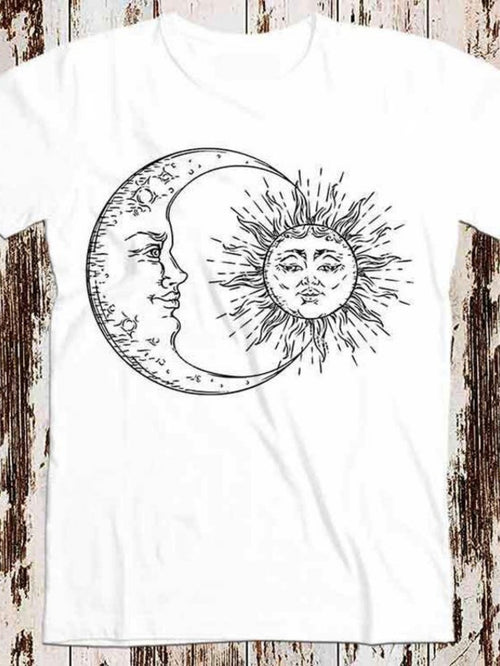 Men's Graphic T-Shirt Vintage Celestial Sketch With Moon Overlapping Radiant Sun