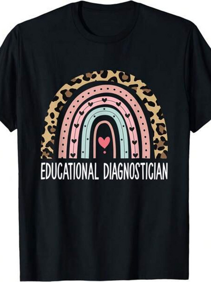 Men's Graphic T-Shirt Educational Diagnostician Leopard Heart Rainbow With Pink Accents And Dotted Stripes