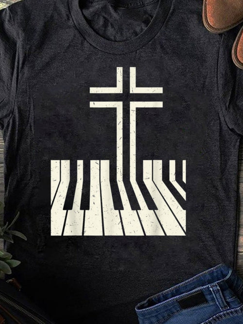 Men's Graphic T-Shirt Distressed Piano Keys Forming A Cross On Black Shirt