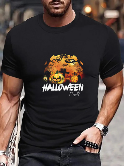 Men's Graphic T-Shirt Halloween Night Spooky Pumpkins With Glaring Lights At Graveyard