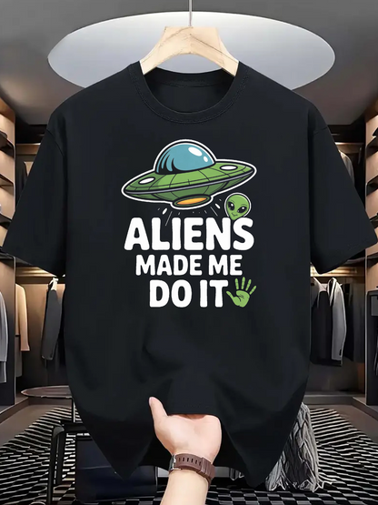 Men's Graphic T-Shirt Aliens Made Me Do It With Cartoon Spaceship And Green Alien Graphic Tee