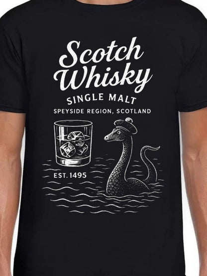 Men's Graphic T-Shirt Scotch Whisky Single Malt With Loch Ness Monster And Ice Glass