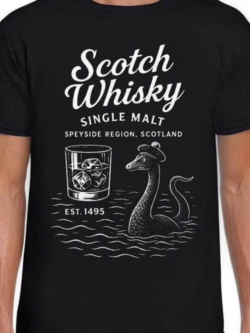 Men's Graphic T-Shirt Scotch Whisky Single Malt With Loch Ness Monster And Ice Glass