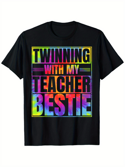 Men's Graphic T-Shirt Twinning With My Teacher Bestie Colorful Neon Lettering On Black T Shirt