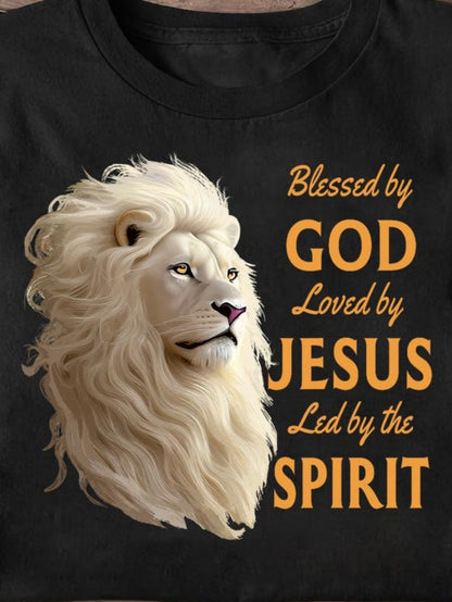 Men's Graphic T-Shirt Blessed By God Led By The Spirit With Majestic White Lion Artwork