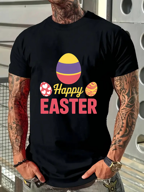 Men's Graphic T-Shirt Happy Easter With Colorful Painted Eggs Under Festive Easter Egg