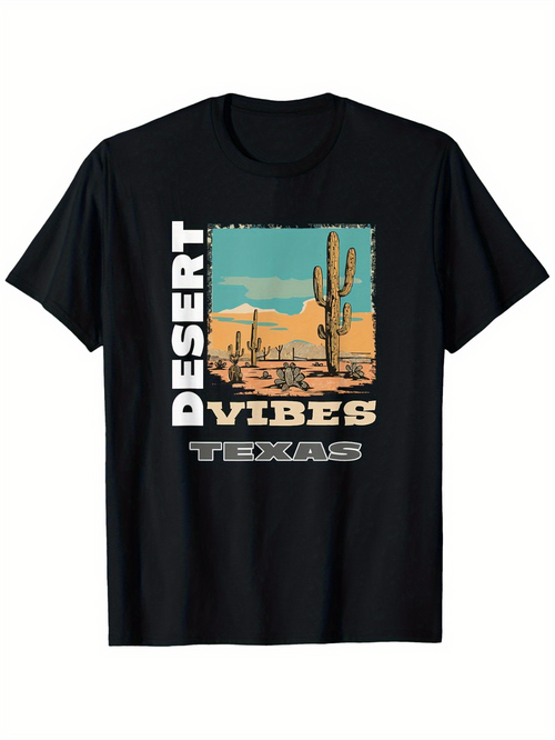 Men's Graphic T-Shirt Desert Vibes Retro Southwestern Sunset Landscape With Cactus And Desert Texas
