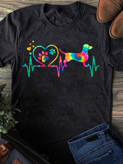 Women's Graphic T-Shirt Colorful Heartbeat Line With Rainbow Pawprints And Playful Dachshund Dog