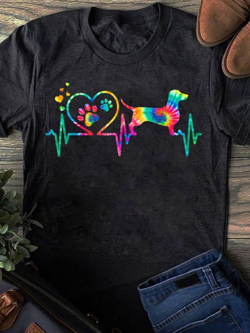 Women's Graphic T-Shirt Colorful Heartbeat Line With Rainbow Pawprints And Playful Dachshund Dog