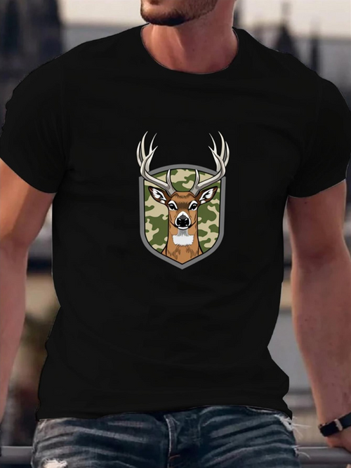 Men's Graphic T-Shirt Majestic Deer Head With Antlers In Camouflage Forest