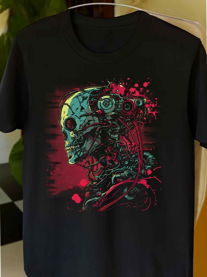 Men's Graphic T-Shirt Colorful Robotic Skull With Neon Cables And Splattered Paint