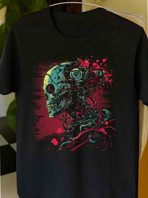 Men's Graphic T-Shirt Colorful Robotic Skull With Neon Cables And Splattered Paint