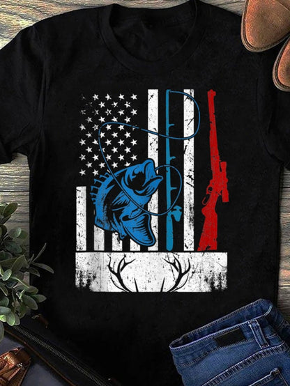 Men's Graphic T-Shirt American Flag Vertical Stripes With Blue Fish Red Rifle And Antlers