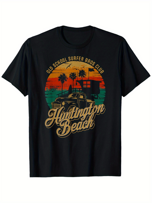 Men's Graphic T-Shirt Old School Surfer Boss Club Huntington Beach Sunset Palms Classic Car Ocean View Retro T Shirt