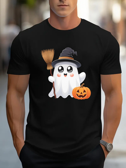 Men's Graphic T-Shirt Adorable Halloween Ghost With Witch Hat Broom And Smiling Pumpkin