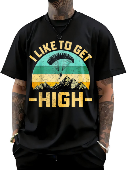 Men's Graphic T-Shirt I Like To Get High Paraglider In Retro Sunset Over Mountain