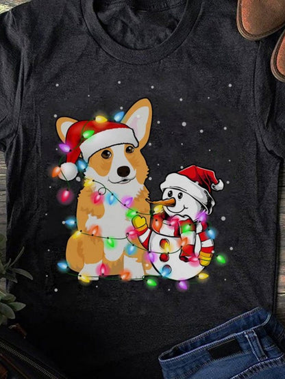 Men's Graphic T-Shirt Festive Corgi Wearing Santa Hat With Colorful Christmas Lights And Snowman