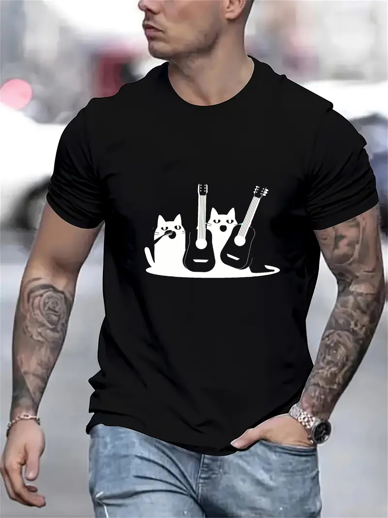 Men's Graphic T-Shirt Playful White Cats With Electric Guitars Among Musical Instruments Cats