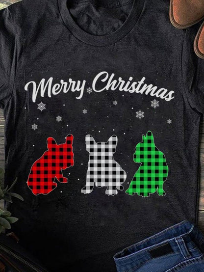 Men's Graphic T-Shirt Merry Christmas With Plaid Patterned Bulldogs And Falling Snowflakes