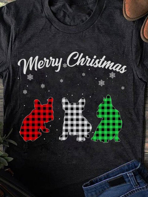Men's Graphic T-Shirt Merry Christmas With Plaid Patterned Bulldogs And Falling Snowflakes