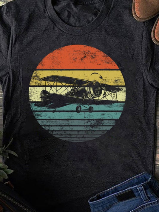 Men's Graphic T-Shirt Retro Sunset With Vintage Striped Colors Featuring Classic Biplane Airplane